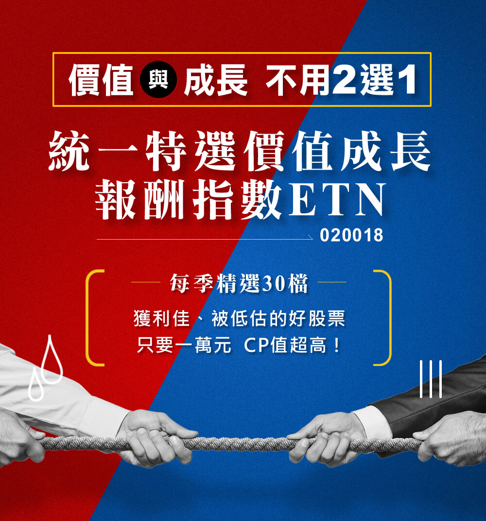 價值與成長不用2選1統一特選價值成長報酬指數ETN每季精選30檔獲利佳、被低估的好股票只要一萬元CP值超高!